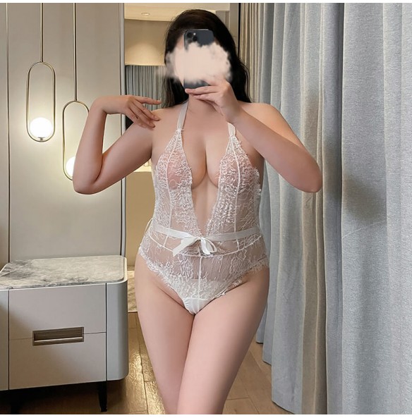 FEE ET MOI - Lace Eyelash Deep V Open Crotch Bodysuit (Plus Size - White) FEE ET MOI - Lace Eyelash Deep V Open Crotch Bodysuit (Plus Size - White)